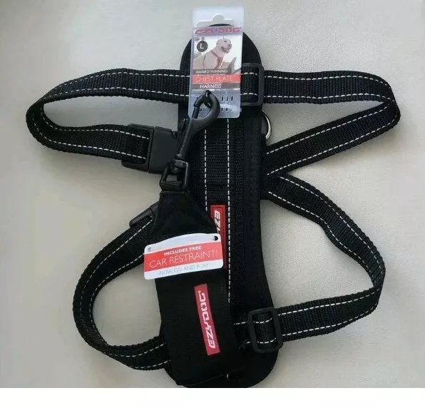 Large L Black : EZYDOG  Ezy Dog Chest Plate Harness & Car Seat Belt Loop