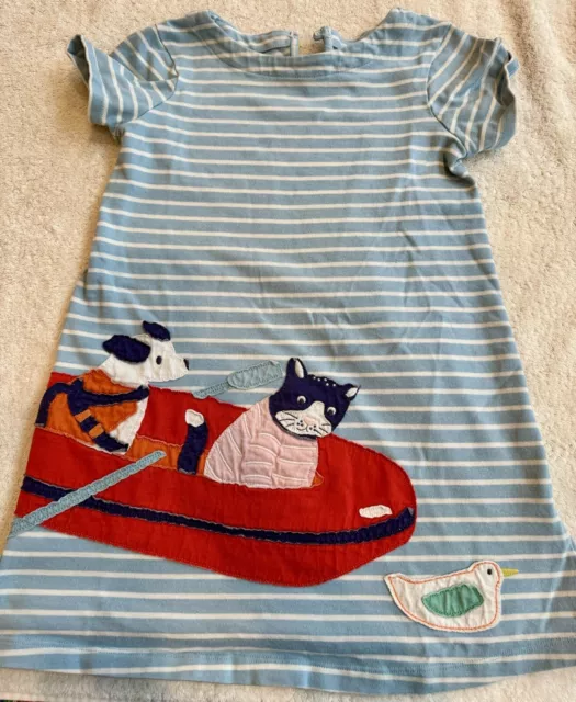 Mini Boden Girls Blue Striped Dress With Dog And Cat Appliqué Size 7-8