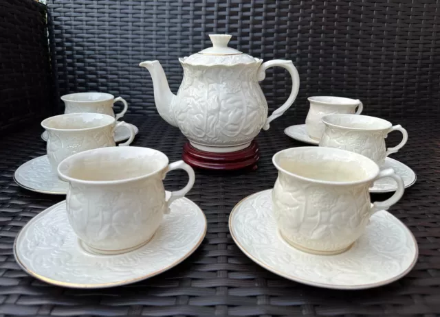 NEW - RARE 13 Piece BELLEEK Irish Serenity Teapot, Flat Cups and Saucers