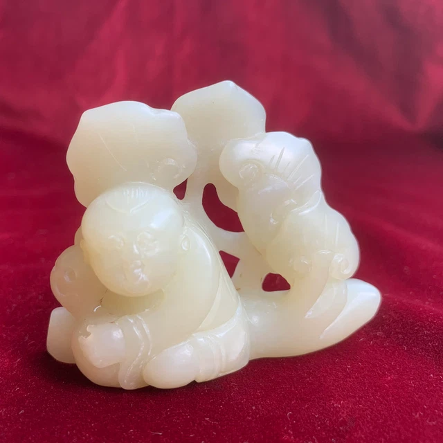 Chinese Antique Qing Dynasty Hand-Carved Hetian Jade Lotus Boy Figure Statues