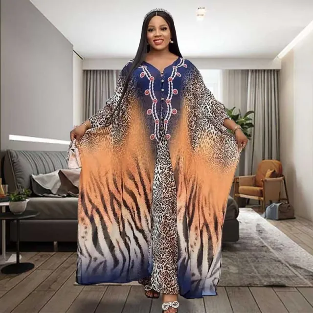 Set maxi pantaloni abito stampa leopardata africana dashiki set donna abaya abito caftano 4