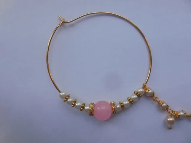 Anello da naso da sposa indiano con perline rosa, catena placcata in oro,...
