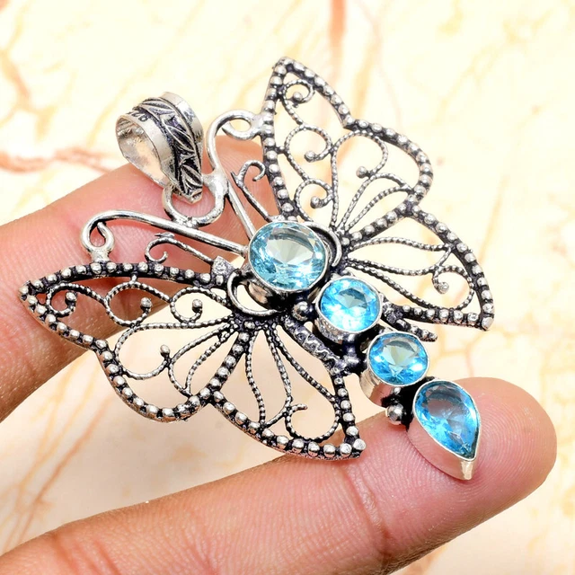Swiss Blue Topaz Gemstone Handmade Gift Jewelry Pendant 2.16" w006