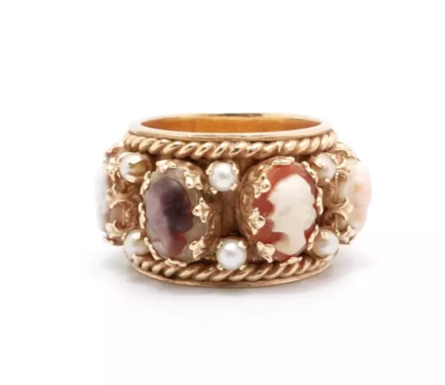 14K Yellow Gold Victorian Revival Pearl Cameo Eternity Twist Rope Estate Ring