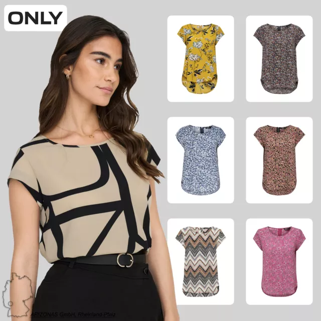 ONLY Women Print Shortsleeve Blouse Basic Round Neck Shirt Top ONLVIC