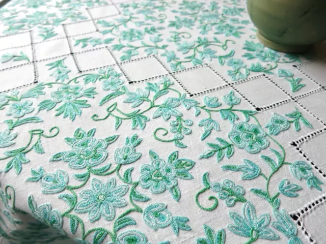 Gorgeous Greens Vintage Beauvais Hand Embroidered Tablecloth