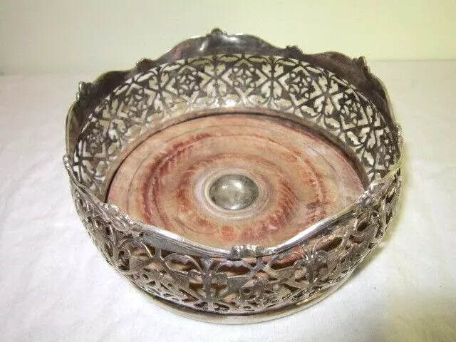 Antique Silver Plate Wine Bottle 6" Coaster with Wood Base Vintage Trivet Holder