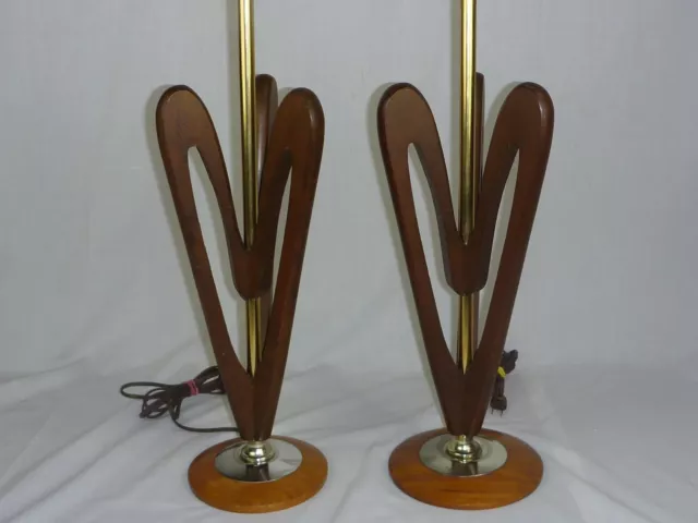 Pair Vtg Mid Century Danish Modern Sculptural Wood Table Lamps Teak? Heart Shape