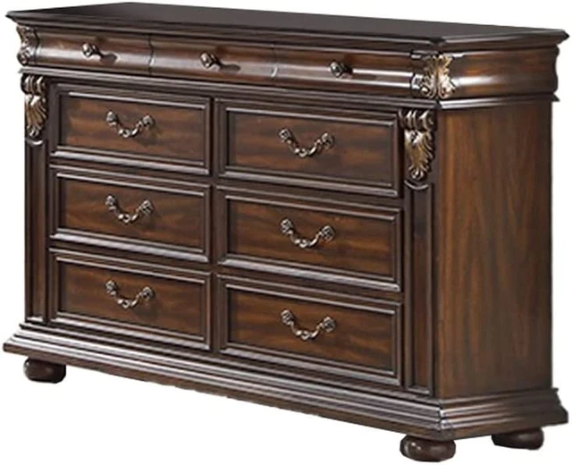 9 Drawer Wooden Dresser with Molded and Carved Details, Brown