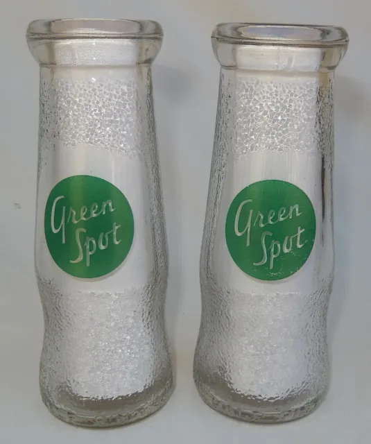 2 Vintage GREEN SPOT Half Pint Textured Glass Dairy, Milk Bottle's