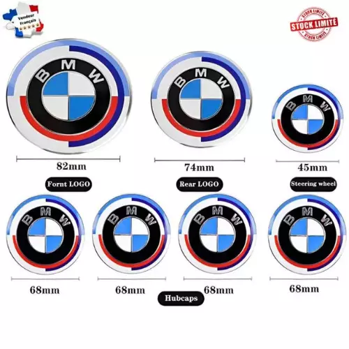 7  LOGO Emblème BMW Noir Gri Capot 82mm + Coffre 74mm +Volant+ 4cache moyeu 68mm