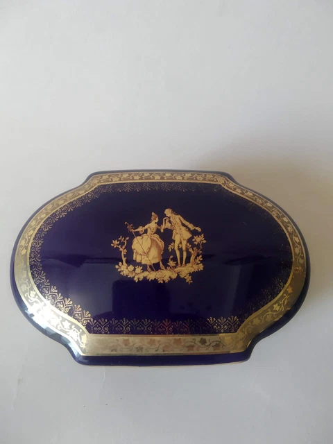 Pendentif Cœur Porcelaine De Limoges Bleu, Scène Galante Dorée - Occasion