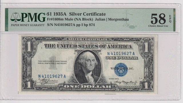 Fr 1608m 1935A Mule $1 SC N41019627A bp 874 PMG 58EPQ 1935-A