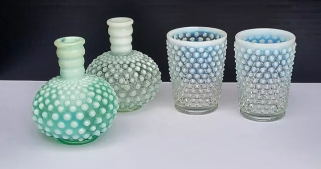 Vintage Fenton & Anchor Hocking Glasses Perfume Bottles Hobnail Moonstone 4 pcs