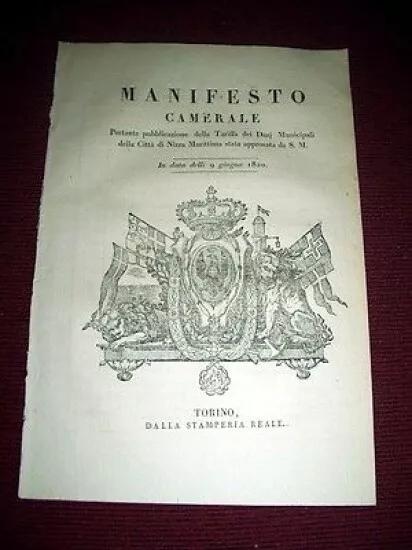 Regno Sardegna Torino Manifesto Camerale Dazi Municipali Nizza Marittima 1820