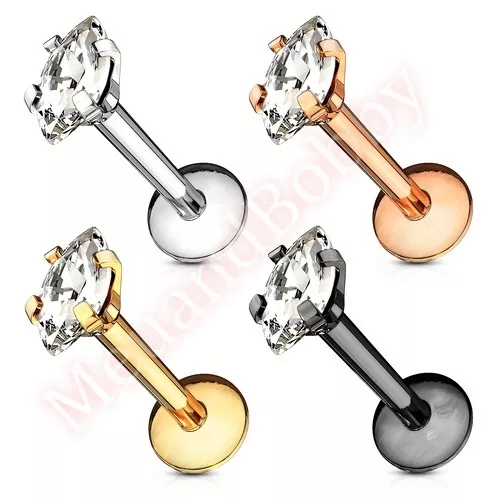 16G CZ Oval Internally Threaded Labret Monroe Lip Bar Ring Body Jewellery