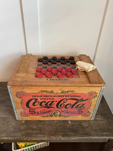 Vintage 1993 Coca Cola Wood Wooden Storage Chest Crate Box w/ Checkers Lid