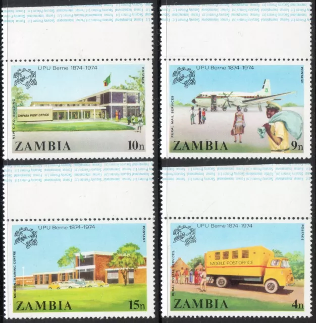 Zambia 1974 QEII 100 aniversario de la UPU conjunto de 4 sellos como nuevos sin montar o nunca montado