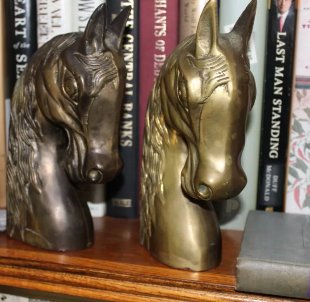 Vintage Brass Horse Head Bookends  7.5" L 3 " w Equestrian  Aprox 6 1/2 to 7 lbs