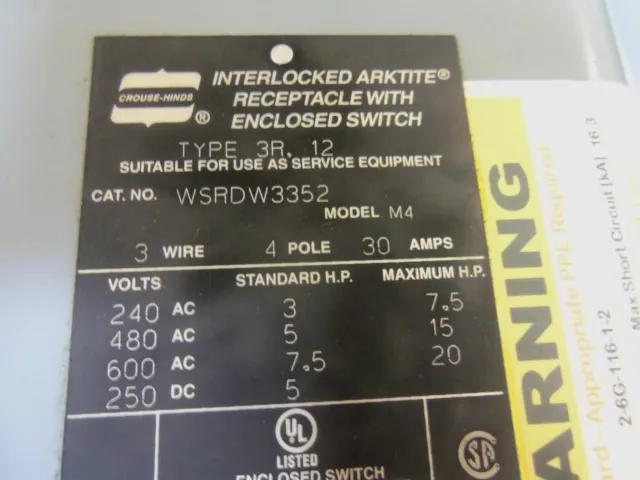 Crouse-Hinds WSRDW3352 Sécurité Déconnecte Interrupteur Utilisé 3