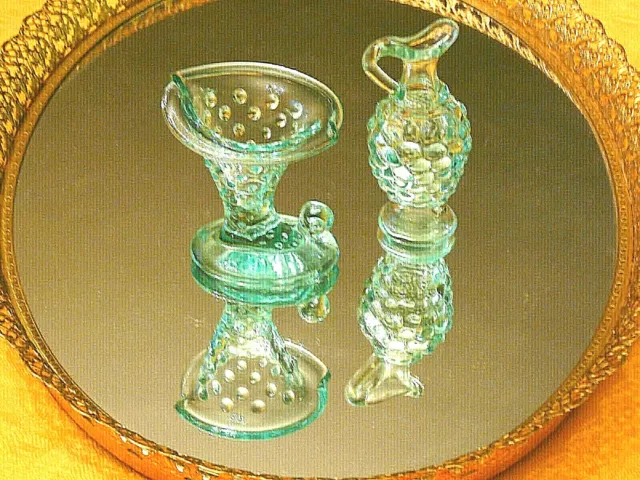 VTG Fenton Depression Glass Aqua Miniatures, Cornucopia &Pitcher, Hobnail Design