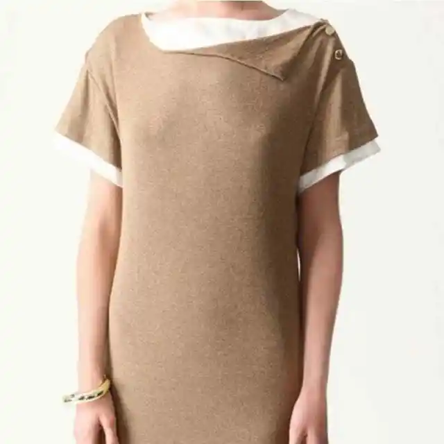 3.1 Phillip Lim Gold Metallic Knit Combo Dress with Asymmetrical Collar Large