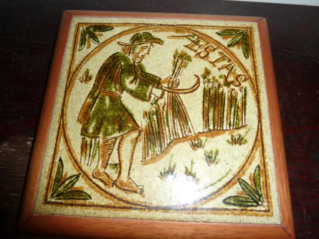 15 Cm Square Pottery Tile In Wooden Frame- Aestas [Summer] Peasant Cutting Corn