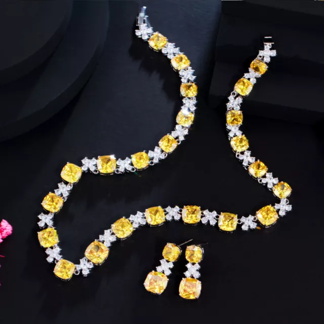 Classy Yellow CZ Flower Square Cut Necklace Earrings Set Bridal Costume Jewelry