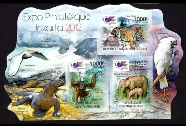 126.CENTRAL Africa 2012 Imperf Briefmarke M/S + S/S Vögel, Tiger, Elefant, Affe. 3