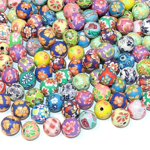 CPC193 Brightly Colored Fun Flower Patterned Polymer Clay 10mm Round Bead 24pc