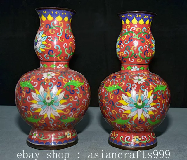 10" Ancient China Qianlong Marked Cloisonne Bronze Flower Gourd Vase Bottle Pair