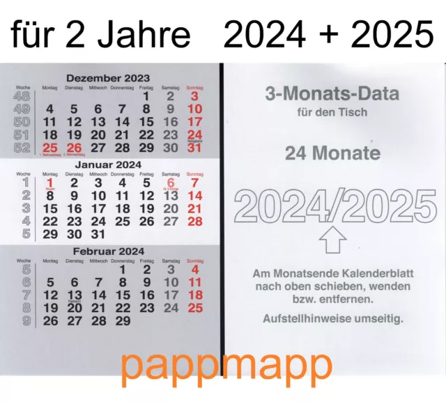 VELA MINI KALENDEREINLAGE 2025 + 2026 für 3 Monats Tischkalender Ersatzblätter EUR 3,79