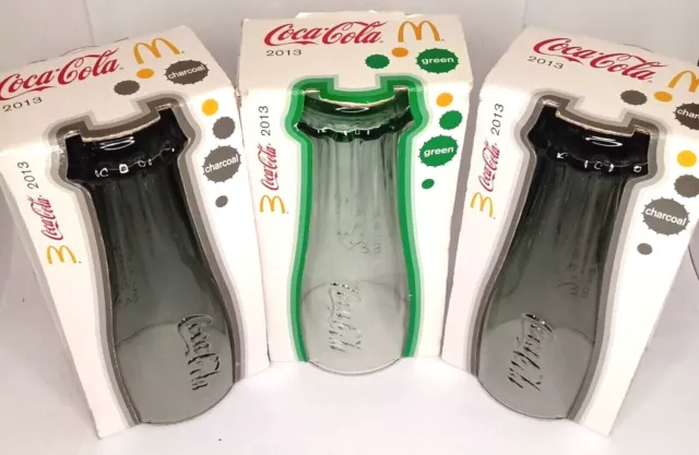 McDonalds 2013 Coca-Cola Upside Down Bottle Shape Glasses 1xGn, 2x Charcoal