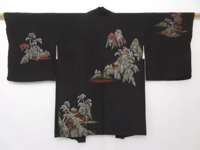1529T10z500 Vintage Japanese Kimono Silk HAORI Black Temple