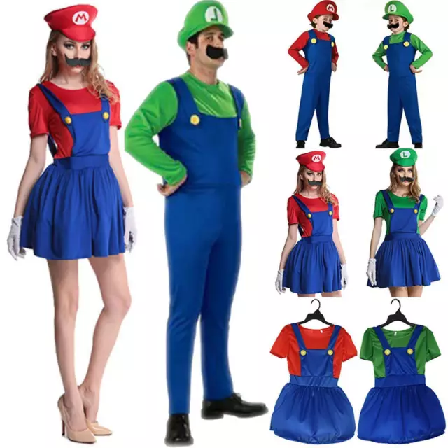 Adults Kids Super Mario Bros Luigi Cosplay Costume Party Outfits Set Fancy Dress