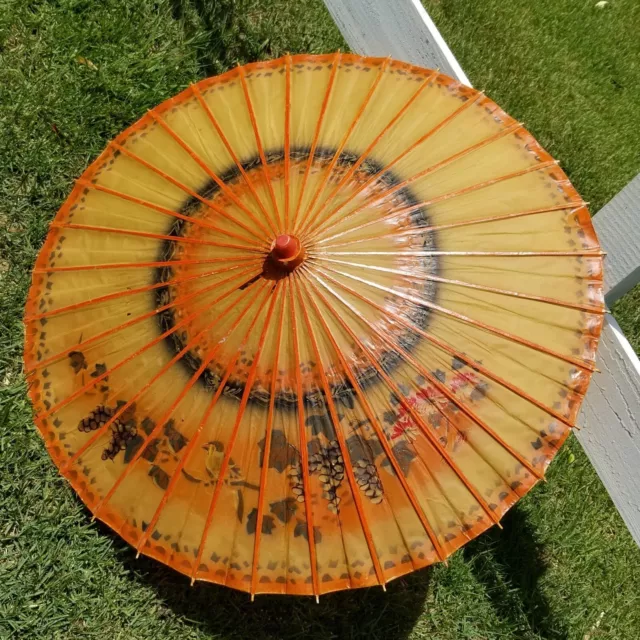 Vintage Asian Rice Paper Bamboo Parasol Umbrella Hand Painted Birds Flowers Tree