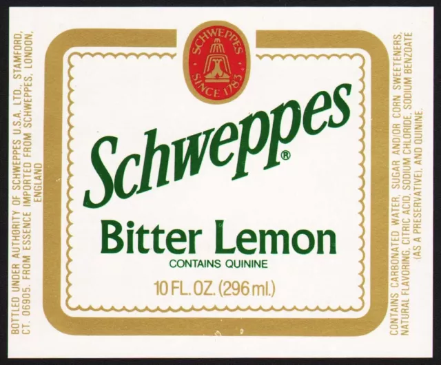 Vintage soda pop bottle label SCHWEPPES BITTER LEMON 10oz size Stamford CT nrmt+