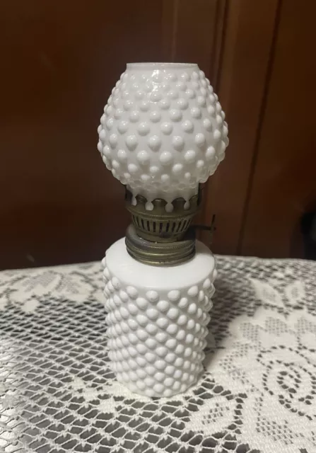 Vintage 6” Miniature Milk Glass Hobnail Oil Lamp - Japan