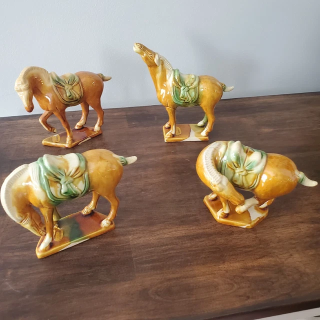 Vtg Set Of 4 Chinese Tang Dynasty Style War Horses Figurines Drip Glaze Ceramic