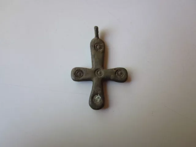 ancient late Roman or Byzantine lead engraved cross amulet pendant. 3