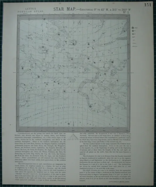 1883 Letts Star Map & Constellations Astronomy Aquarius Pegasus Andromeda Aries