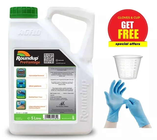 5L ROUNDUP PRO VANTAGE 480g/l STRONGEST WEED KILLER AVAILABLE FREE CUP & GLOVES