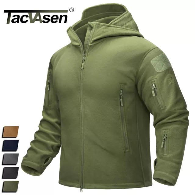 Men's Tactical Fleece Jacket Full-Zip Up Windproof Hikng Casual Work Hooded Coat