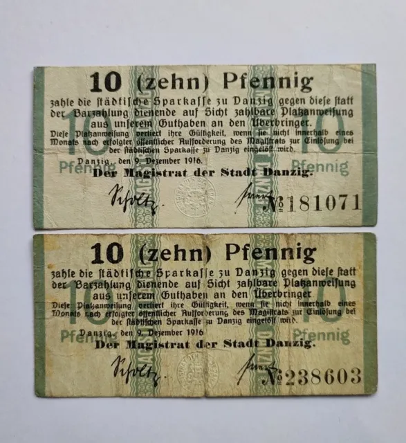 Free City of DANZIG ( GDANSK ), 10  Pfennig December  1916  , rare banknotes.