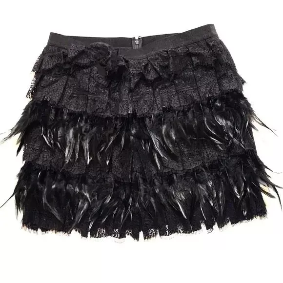 DKNY Black Silk Feather and Lace Tiered Ruffle Mini Skirt Sz 8