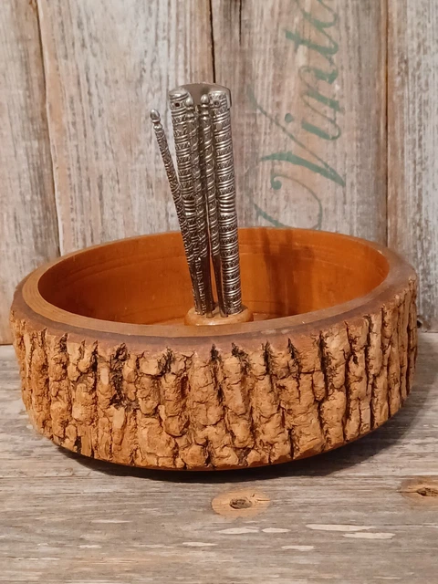 Vintage Tree Bark Nut Cracker Set With Crackers and Picks Live Edge Bowl 7.5"