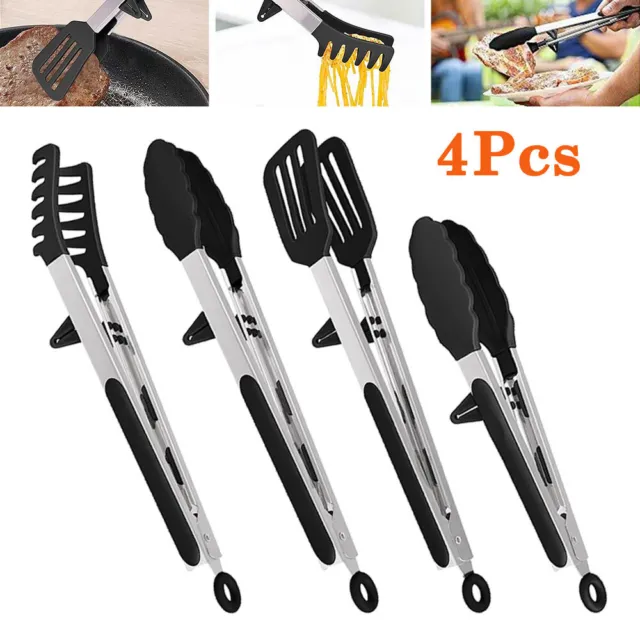 4PCS Stainless Steel Kitchen Food Tongs Non-stick BPA Free for Cooking Grill