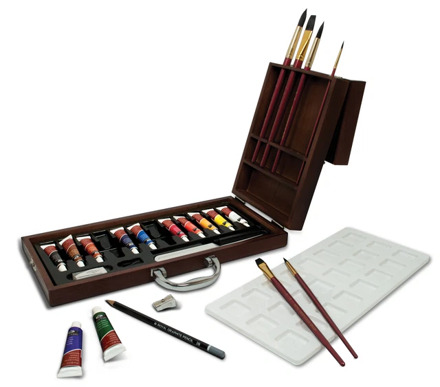 WATERCOLOUR PAINT PAINTING & Brushes Deluxe Wooden Box Case Set Artist