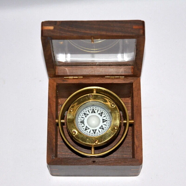 Boussole Nautique Décorative En Laiton - Cadran Solaire 7,6 Cm Avec Boîte Bois - Instrument Navigation Vintage