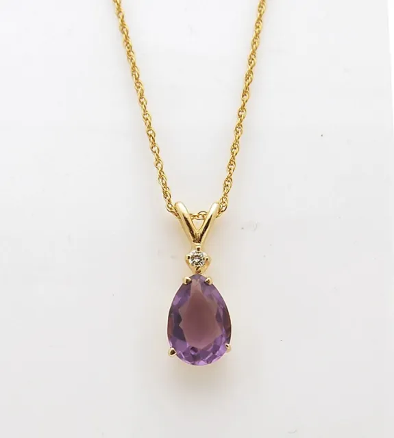 14k Yellow Gold Diamond and Amethyst Tear Drop Pendant Necklace